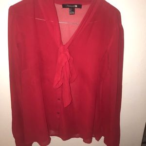 Red Button Down Sheer Blouse